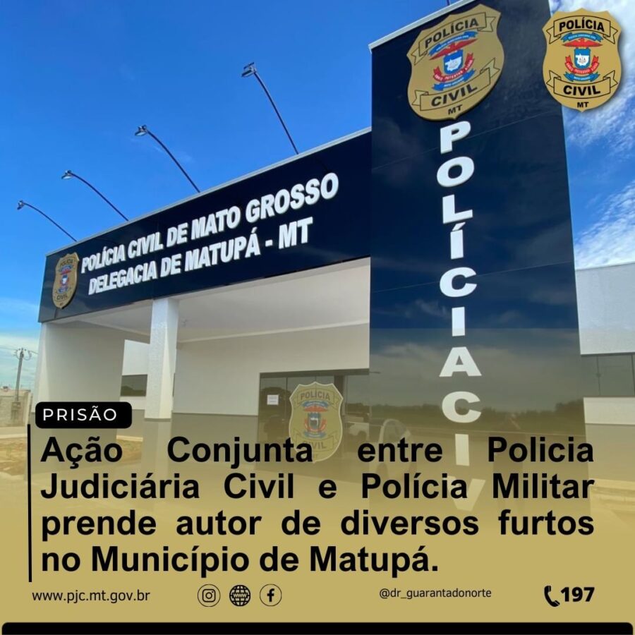 Matupá: Ação conjunta entre Polícia Judiciária Civil e Polícia Militar prende autor de diversos furtos