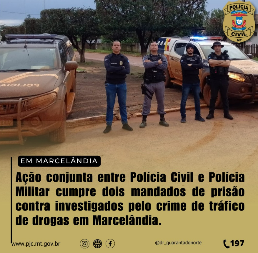 Polícia Militar e Polícia Civil prendem dois suspeitos por tráfico em Marcelândia