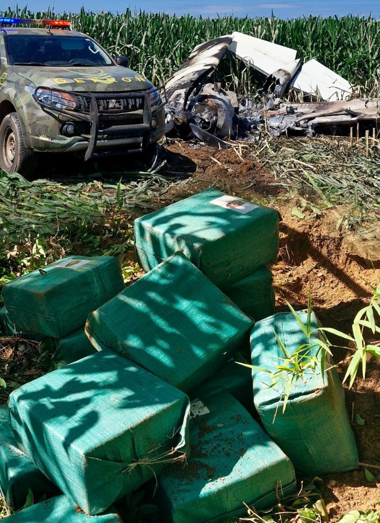 Comodoro: Avião carregado de drogas cai em lavoura e Gefron apreende cerca de 500 kg de drogas