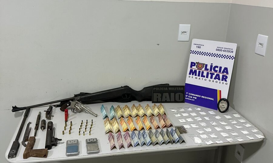 Polícia Militar de Sapezal prende suspeitos por porte ilegal de arma de fogo e tráfico de drogas