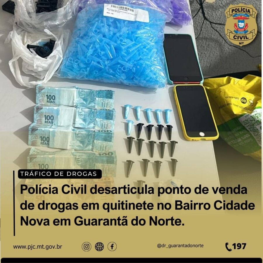 Polícia Civil desarticula ponto de venda de drogas em quitinete no Bairro Cidade Nova em Guarantã do Norte