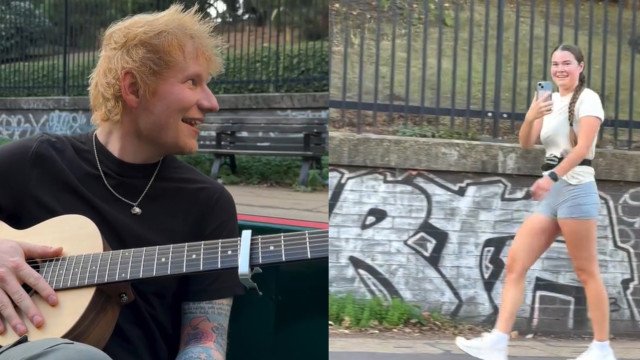 Jovem sai para correr e é surpreendida por Ed Sheeran; veja as imagens