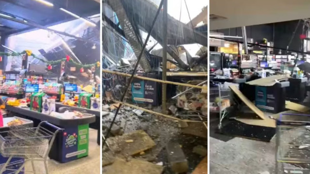 Teto de supermercado desaba com chuva de granizo em Barueri, na Grande SP