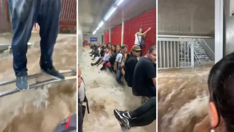 Passageiros se agarram a grades em inundação do metrô em SP; vídeo