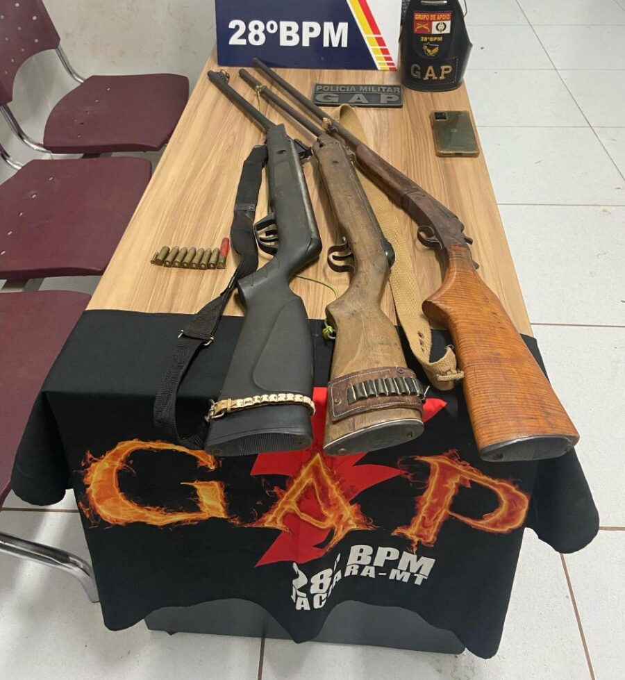 PM de Jaciara apreende armas e prende homem suspeito de ameaçar a esposa de morte; Vítima relatou que o marido estava embriagado e proferiu diversas ameaças à vítima