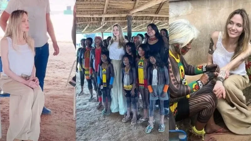 Angelina Jolie visita aldeia indígena no MT e se encontra com Raoni