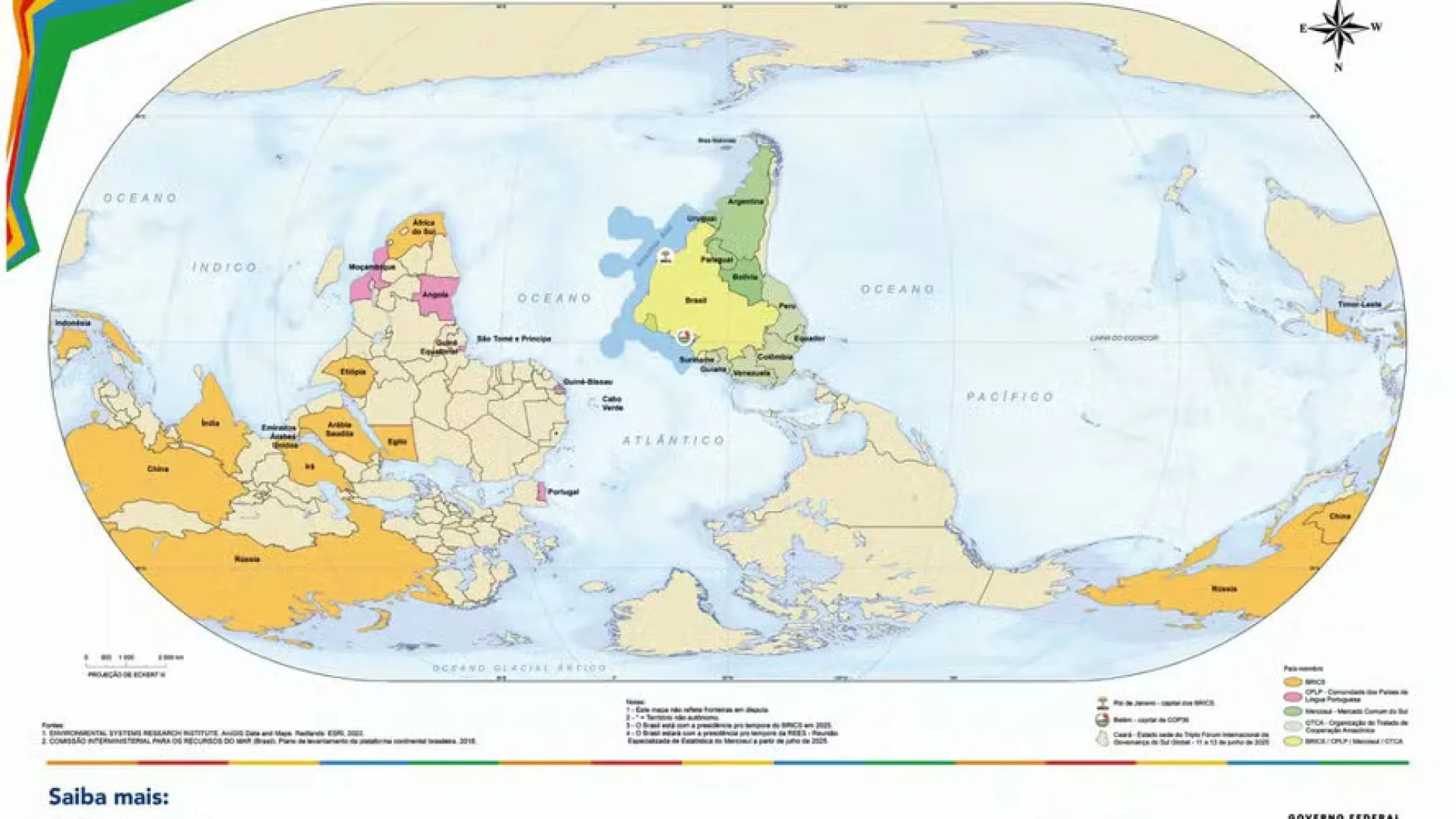 IBGE lança mapa-múndi invertido, com o Sul no alto e o Brasil no centro