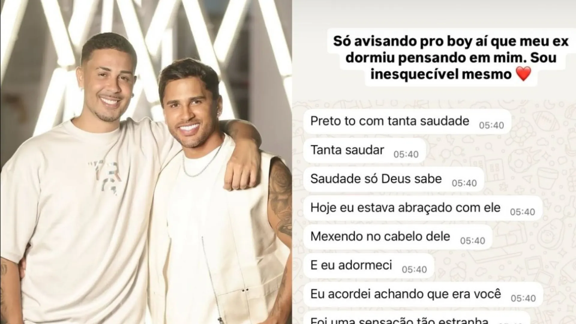 Lucas diz que Carlinhos dormiu com outro pensando nele: “Inesquecível”