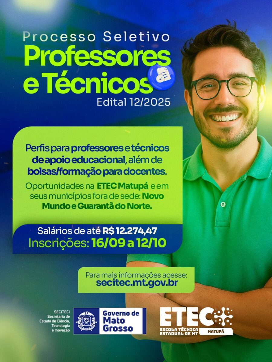 Seciteci está com processo seletivo para professores e técnicos; até dia 12 de outubro, inscrições abertas para o norte de MT