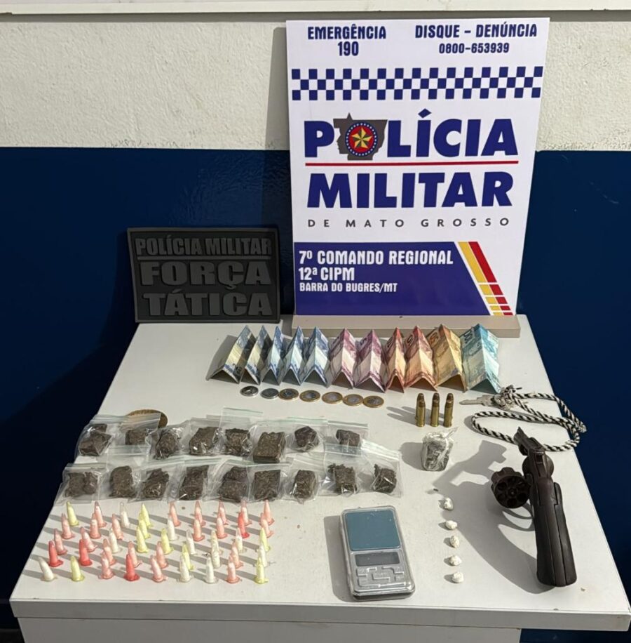 PM prende dois suspeitos por tráfico e apreende drogas e arma em Barra do Bugres