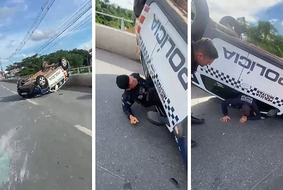 Viatura da PM capota na Miguel Sutil durante perseguição à motociclista; militares não se feriram