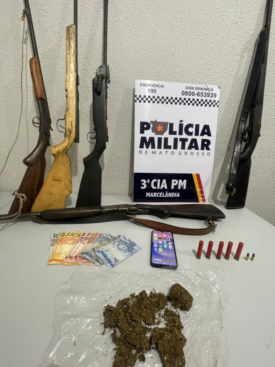PM fecha ponto de tráfico e apreende arsenal em chácara de Marcelândia