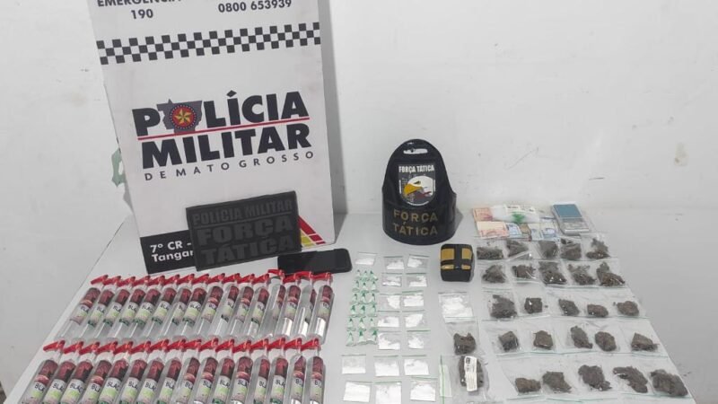 Força Tática estoura ponto de drogas e prende suspeito com cocaína, maconha e lança-perfume em Tangará
