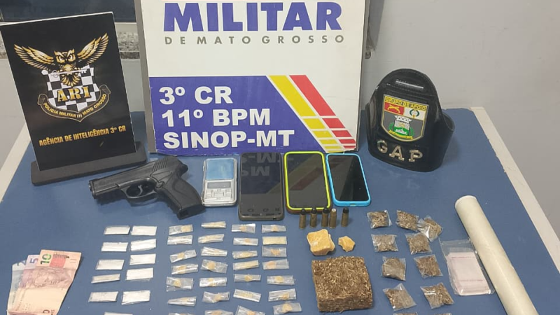 Trio é preso com drogas, munições e simulacro de arma em Sinop