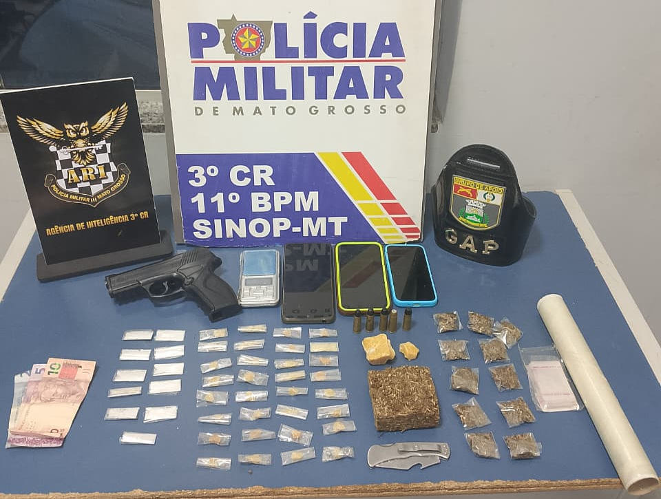 Trio é preso com drogas, munições e simulacro de arma em Sinop