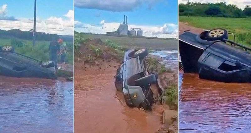 Caminhonete sai da pista e cai em vala na BR-364 em Diamantino