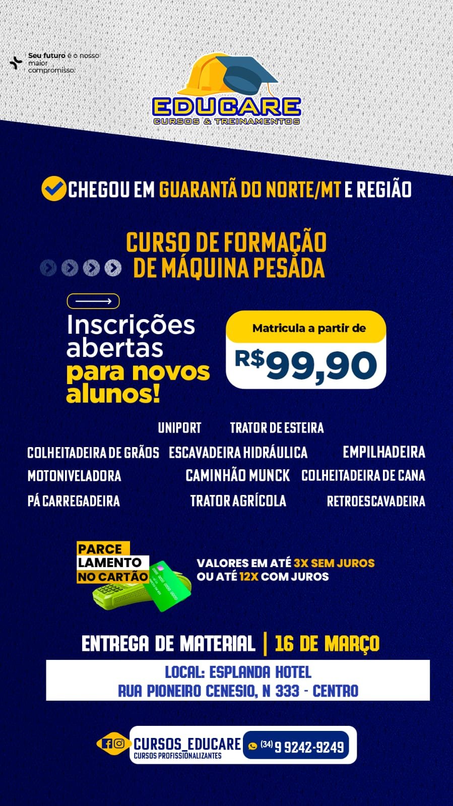 Cursos de Máquinas Pesadas chegam a Guarantã do Norte e Peixoto de Azevedo com inscrições abertas