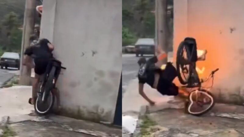VÍDEO: jovem perde controle de bicicleta motorizada, bate em muro e veículo pega fogo
