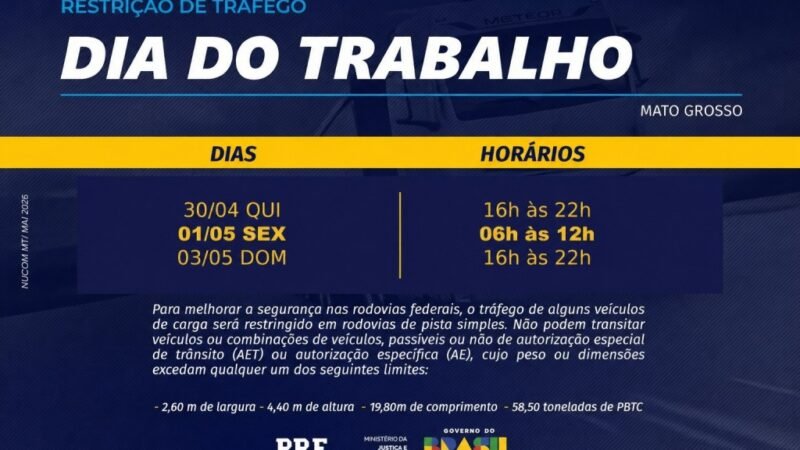 PRF inicia restrição de tráfego para o feriado do Dia do Trabalho em Mato Grosso nesta quinta-feira (30)