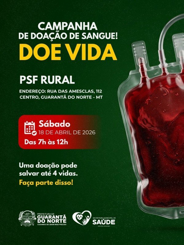 Guarantã do Norte realiza campanha de doação de sangue no próximo dia 18