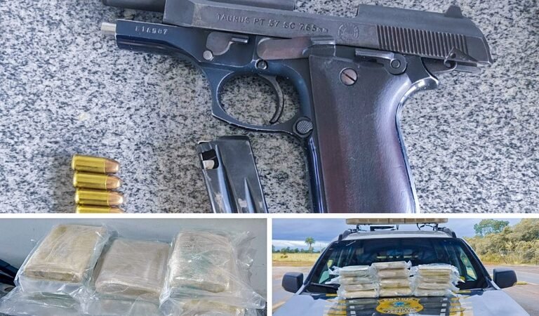 Mala com droga abandonada e arma escondida em ônibus acabam em apreensões da PRF
