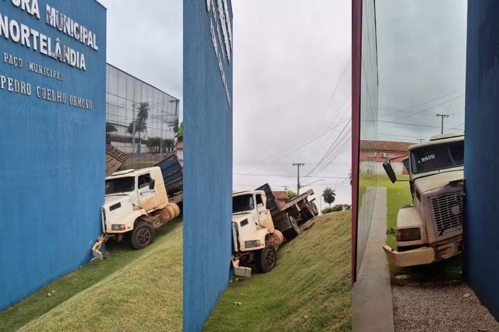 Carreta desgovernada invade prédio público após suposta falha nos freios