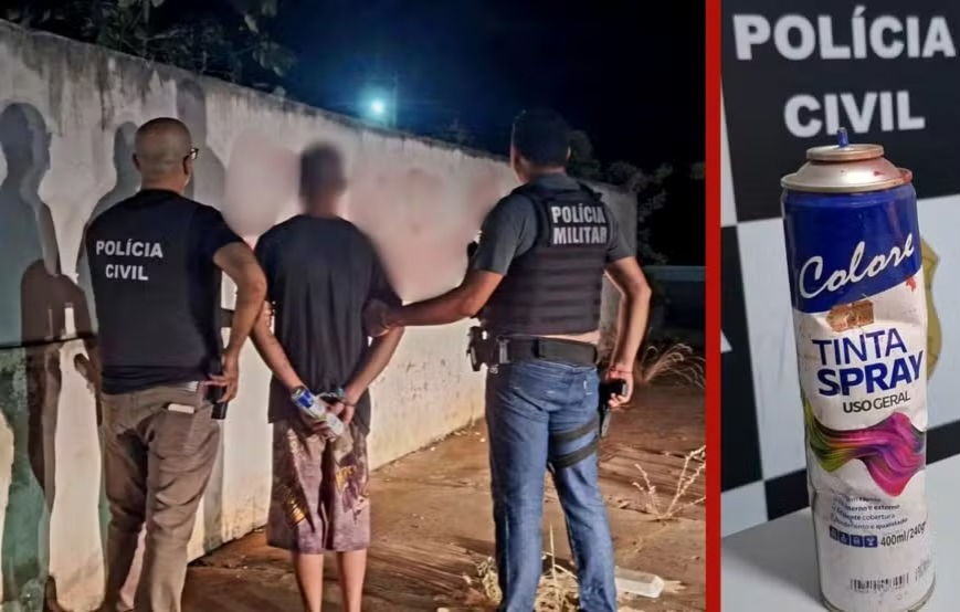 Jovem é preso após pichar prédio público com mensagem ligada a facção criminosa