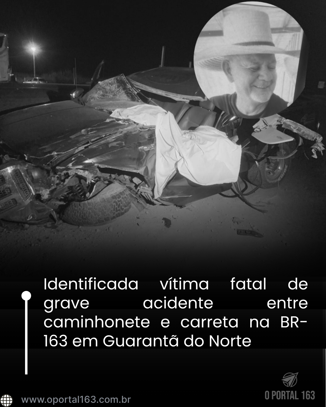Identificada vítima fatal de grave acidente entre caminhonete e carreta na BR-163 em Guarantã do Norte