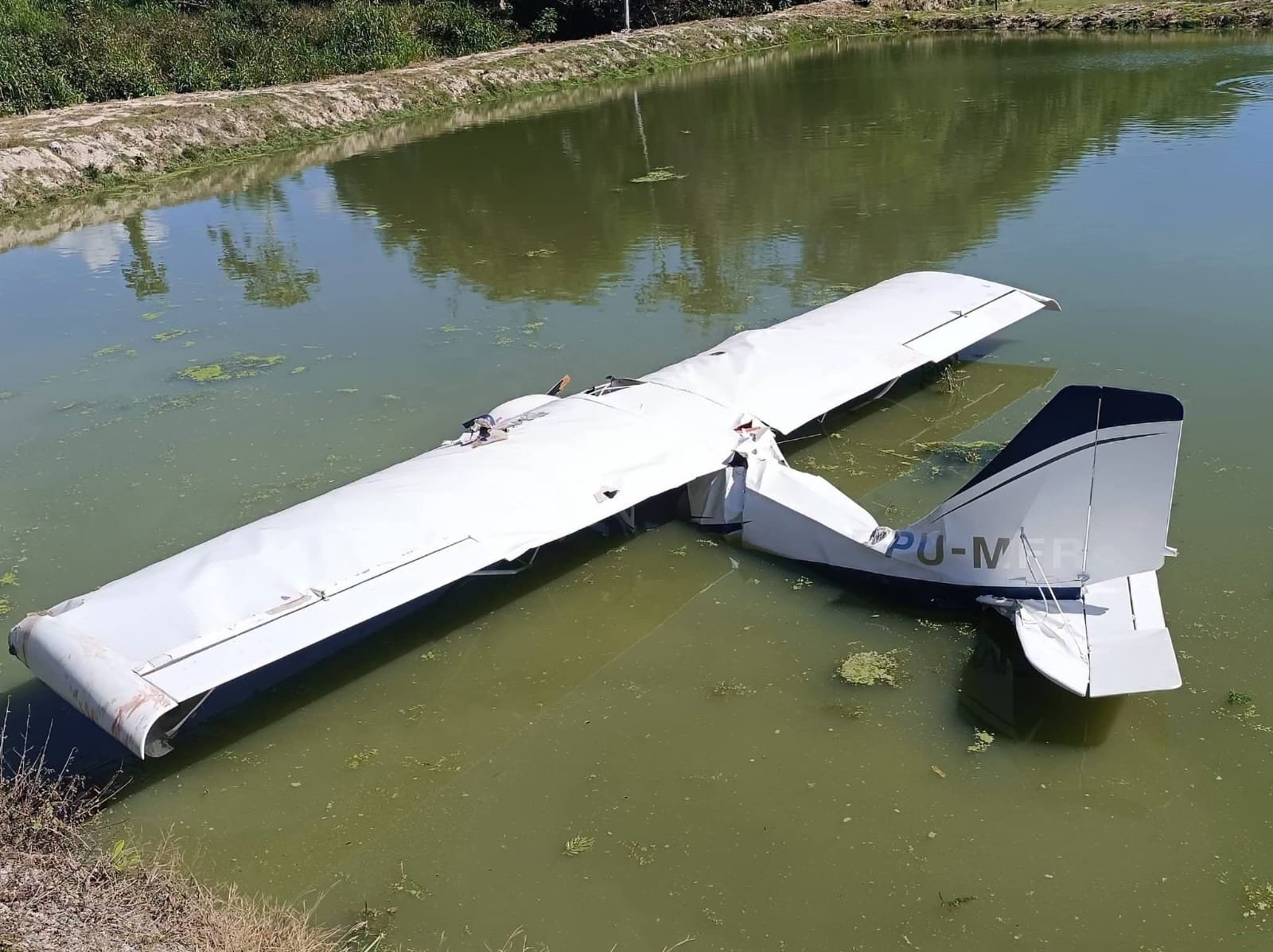 Avião de pequeno porte cai em tanque de peixes e ocupantes deixam local após acidente