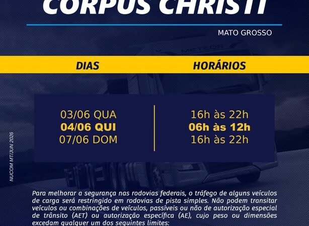 PRF intensifica fiscalização nas rodovias de Mato Grosso durante o feriado de Corpus Christi 2026