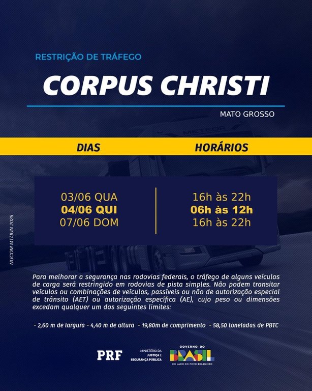 PRF intensifica fiscalização nas rodovias de Mato Grosso durante o feriado de Corpus Christi 2026