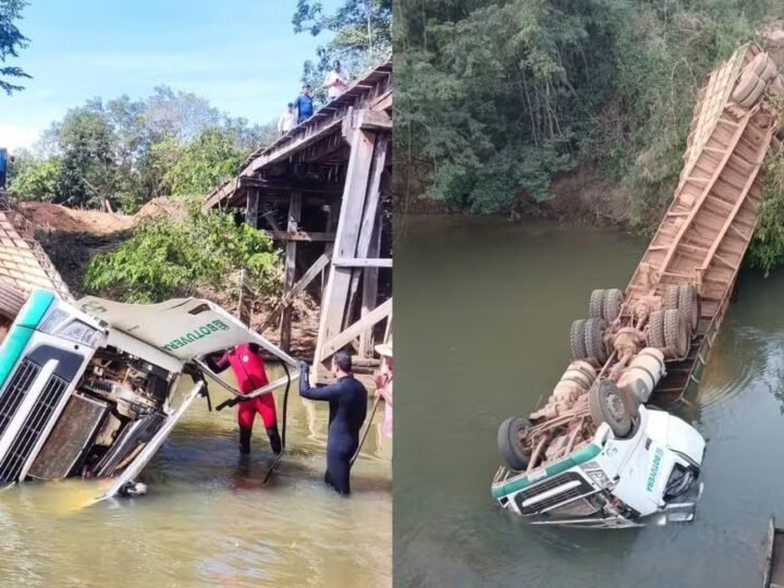 Tragédia em ponte deixa motorista morto após carreta carregada com gado despencar em rio