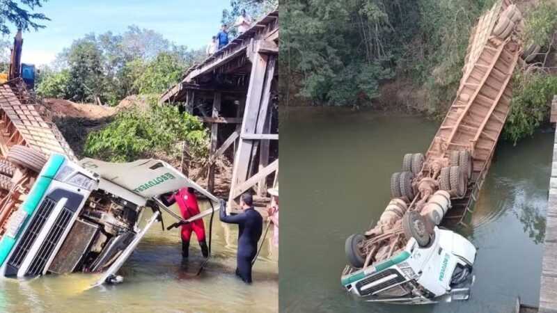 Tragédia em ponte deixa motorista morto após carreta carregada com gado despencar em rio