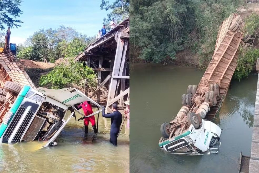 Tragédia em ponte deixa motorista morto após carreta carregada com gado despencar em rio