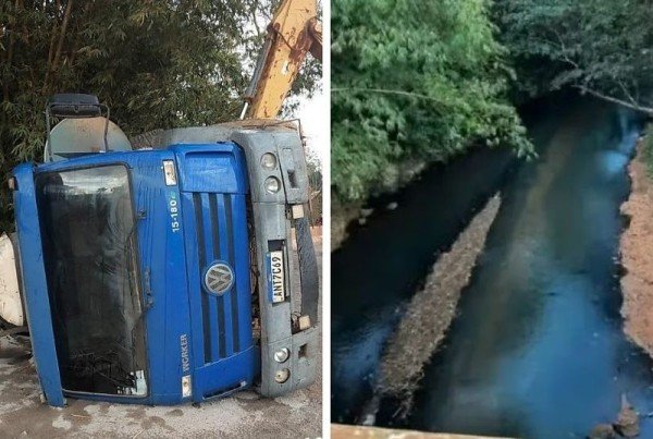 Caminhão tomba em ponte e derrama carga de piche em rio no interior de Mato Grosso