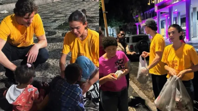 Bruna Marquezine e Shawn Mendes distribuem marmitas nas ruas do Rio de Janeiro