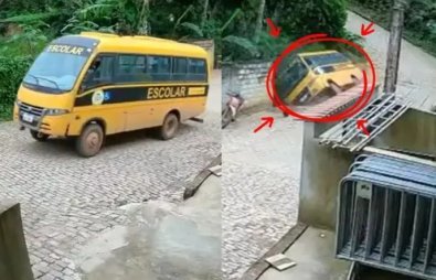 Micro-ônibus escolar perde controle em subida e cai dentro de rio