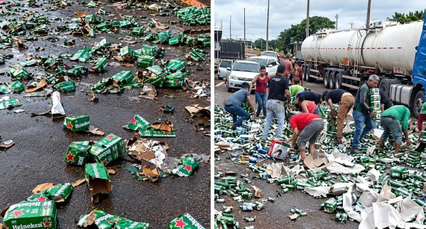 Vídeo: Caminhão carregado de Heineken tomba em MT e populares saqueiam carga